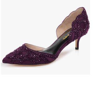 XYD Dark Purple Pointed Toe D'Orsay Kitten Heel Rhinestone Studs Slip-On Pumps